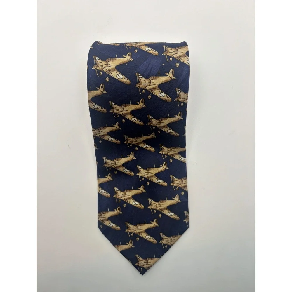Fratello Mens Navy Blue Vintage Propeller Airplane Aviation Print Silk-Look Tie